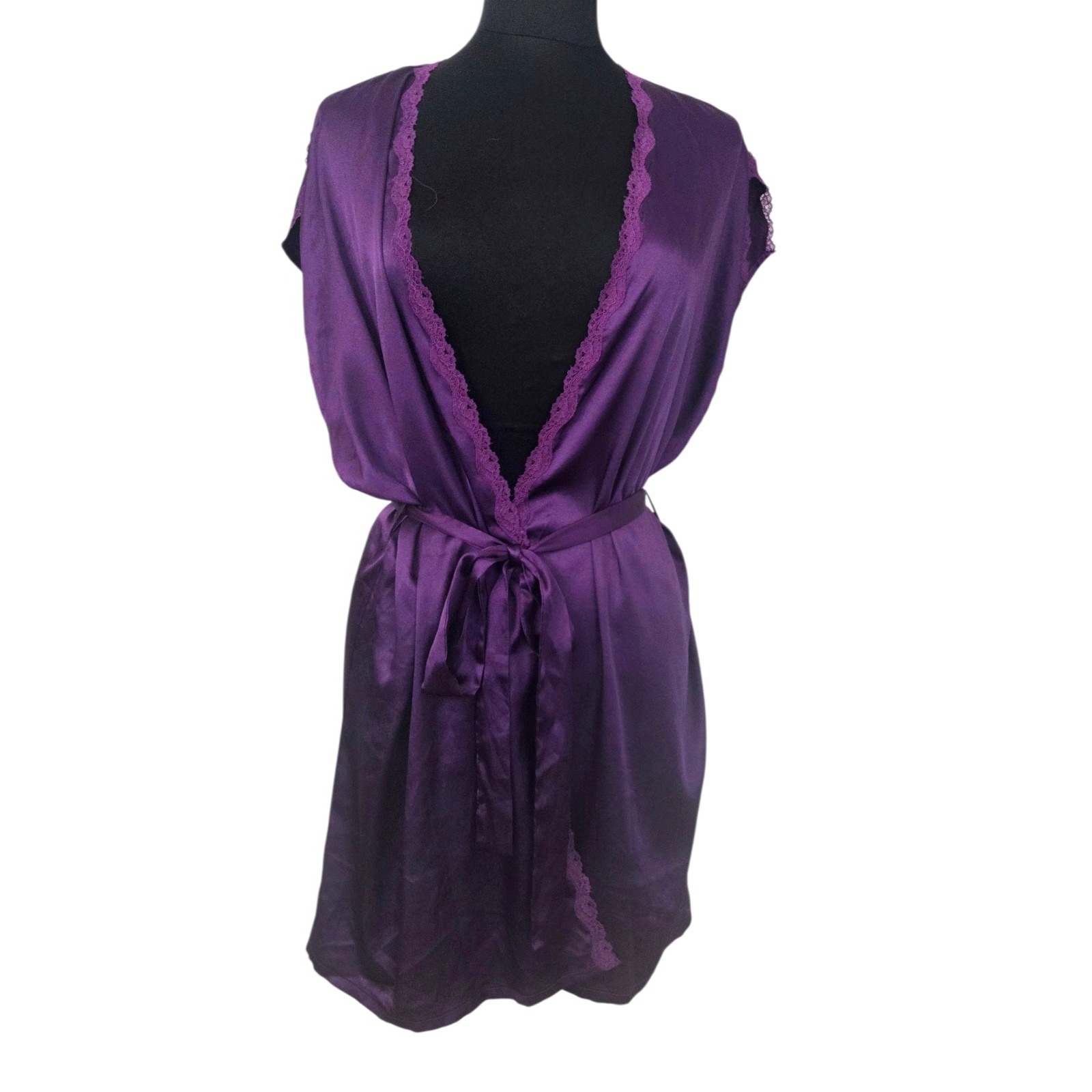Victoria's Secret Satin Lace Short-Sleeve Kimono Robe Purple Belted Size Large